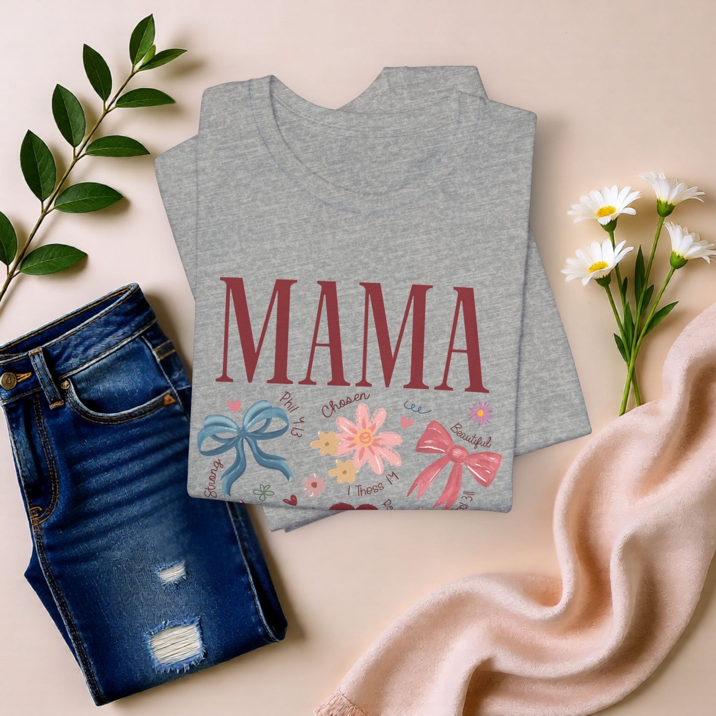 Gray Bella Canvas Mama t-shirt styled with denim and florals, showcasing a feminine Mother’s Day design with meaningful details.