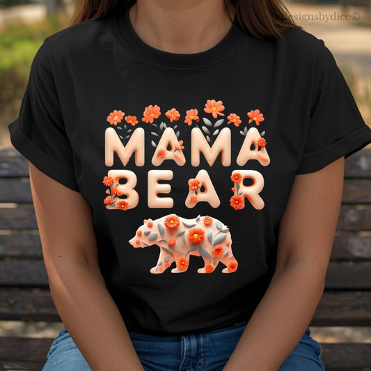 Black t-shirt with 'Mama Bear' design featuring a bear and flowers, worn by a person.