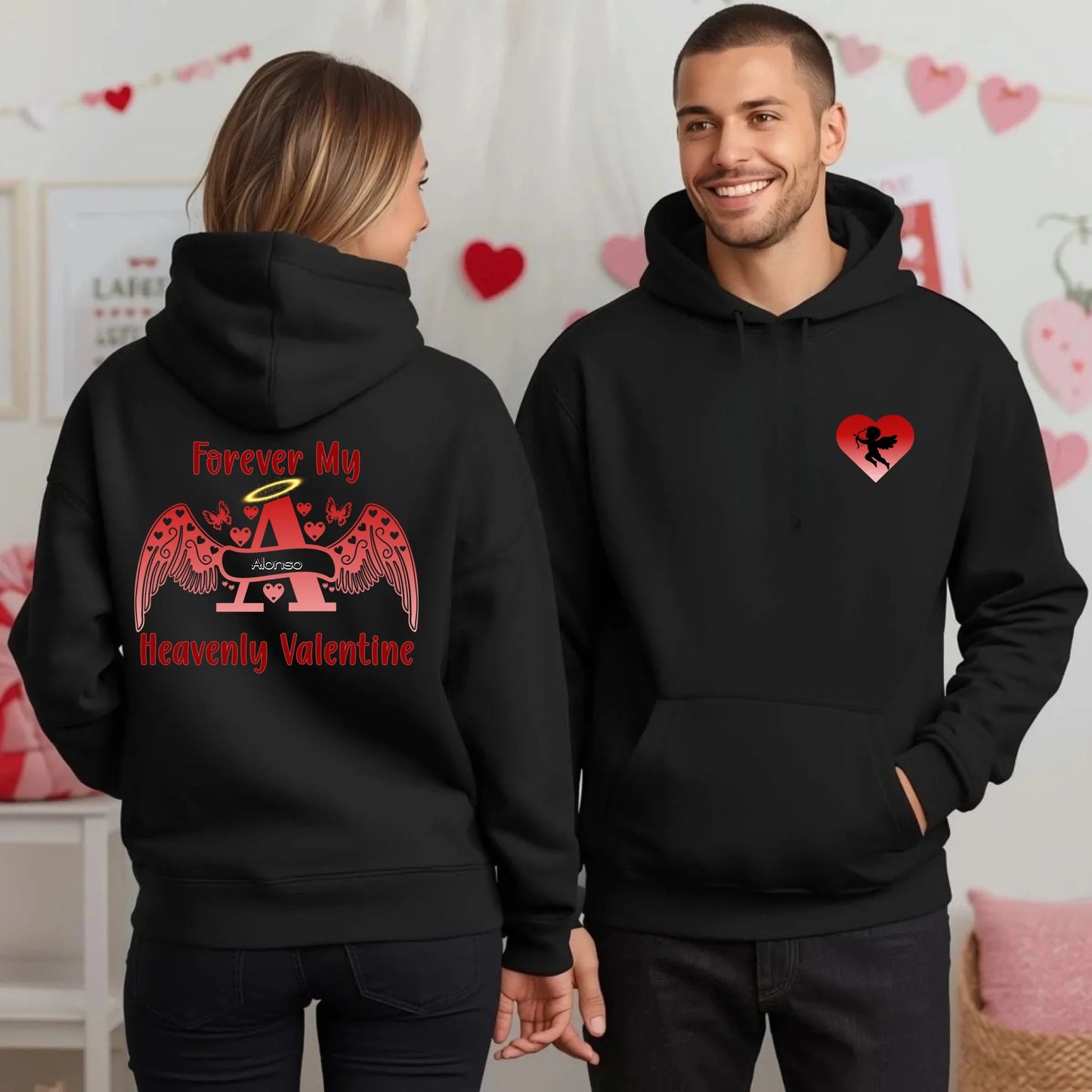 Back view of premium two-tone personalized Valentine hoodie featuring angel letter memorial design