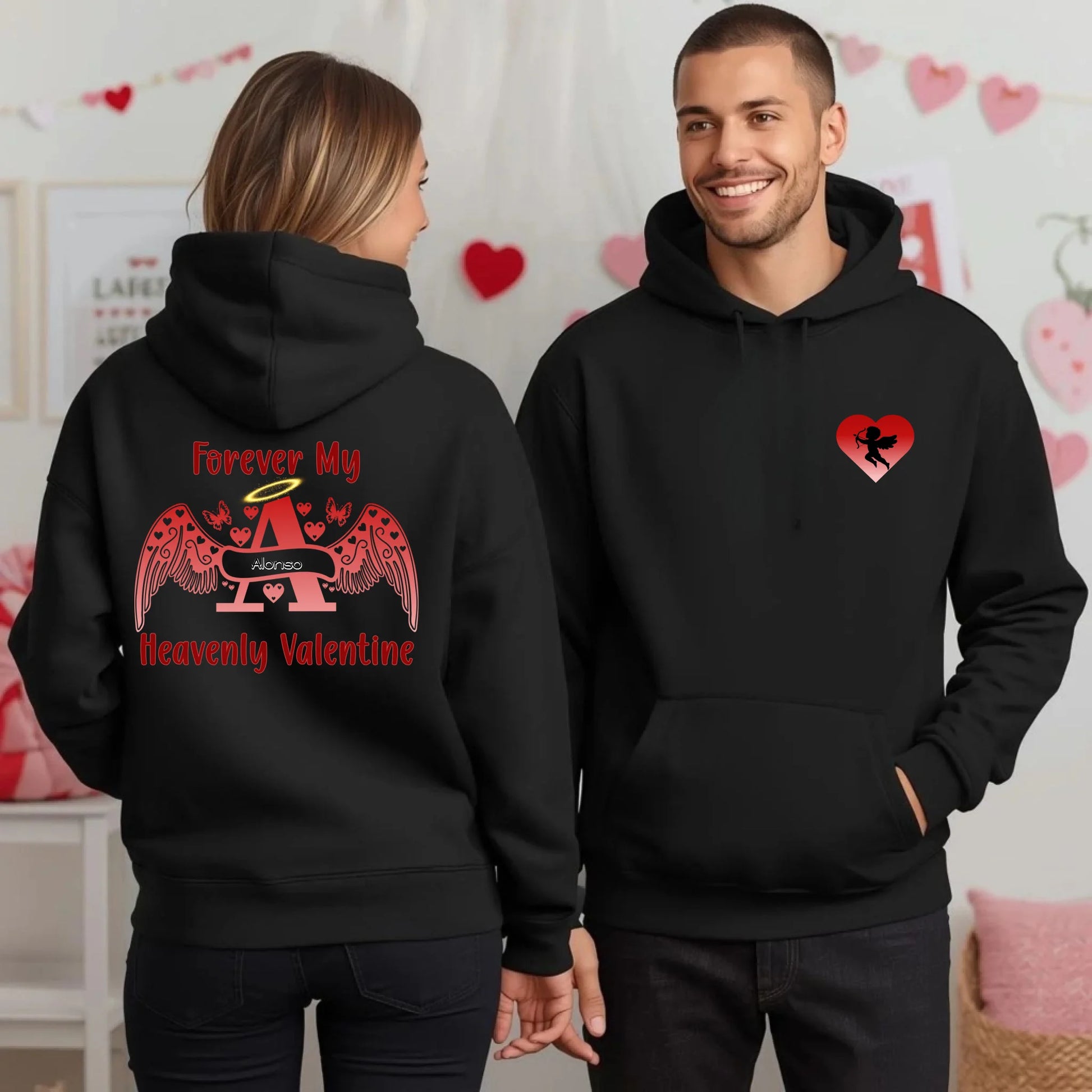 Back view of premium two-tone personalized Valentine hoodie featuring angel letter memorial design