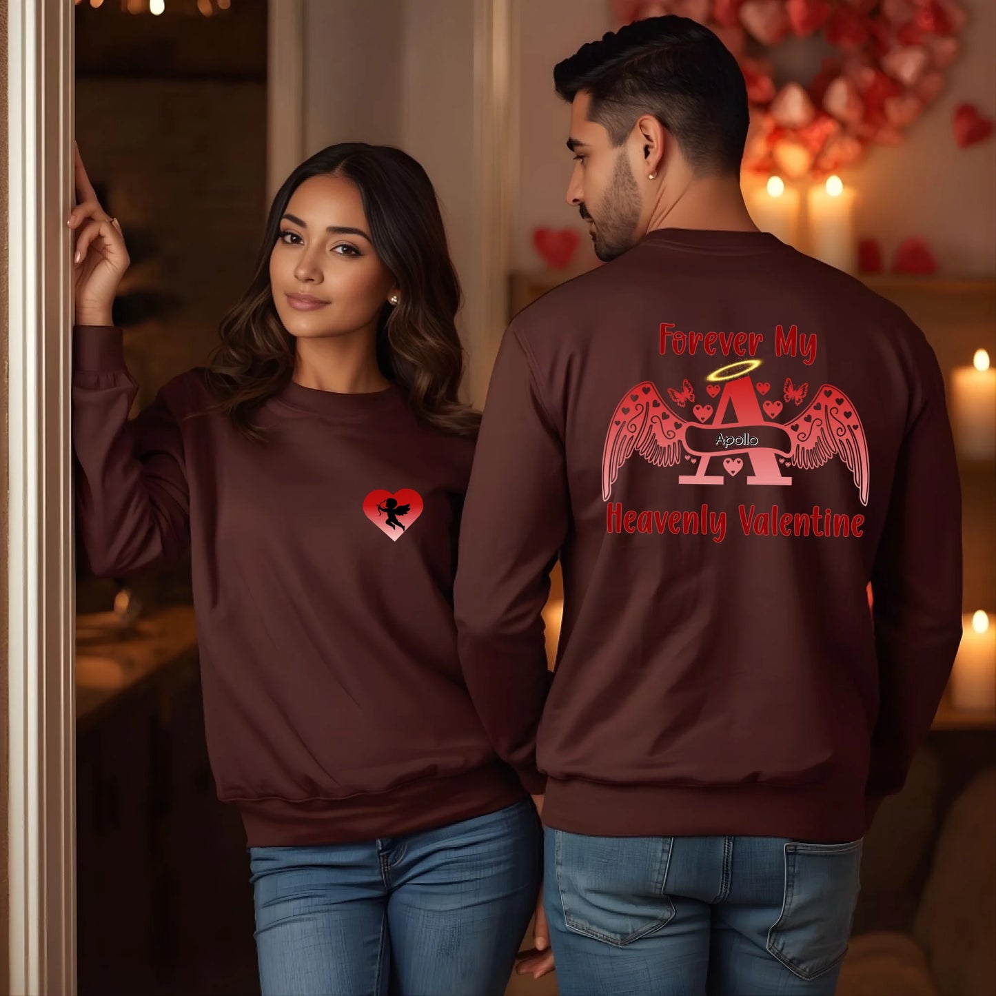 Back view of premium two-tone personalized angel letter memorial Valentine sweatshirt in brown color