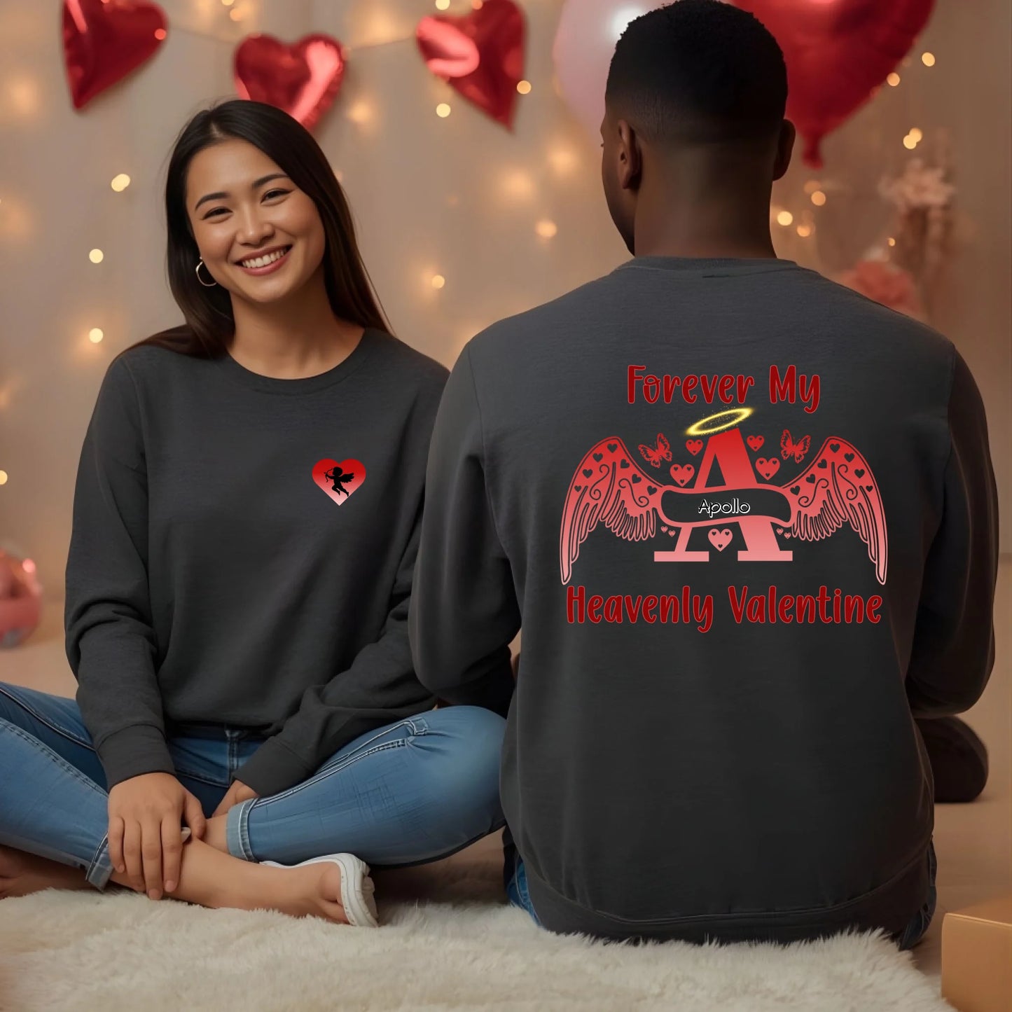 Premium two-tone Valentine sweatshirt and hoodie with front pocket Cupid and back angel letter personalized memorial design on couple