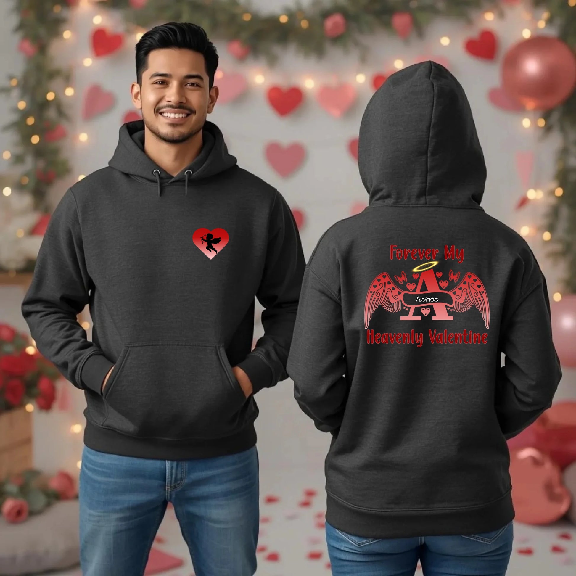 Premium two-tone Valentine hoodie set showing front pocket Cupid and back angel letter personalized memorial design on couple