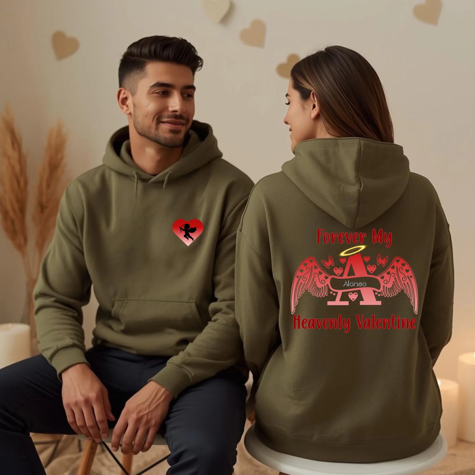 Premium two-tone Valentine hoodie set showing front pocket Cupid and back angel letter personalized memorial design on couple