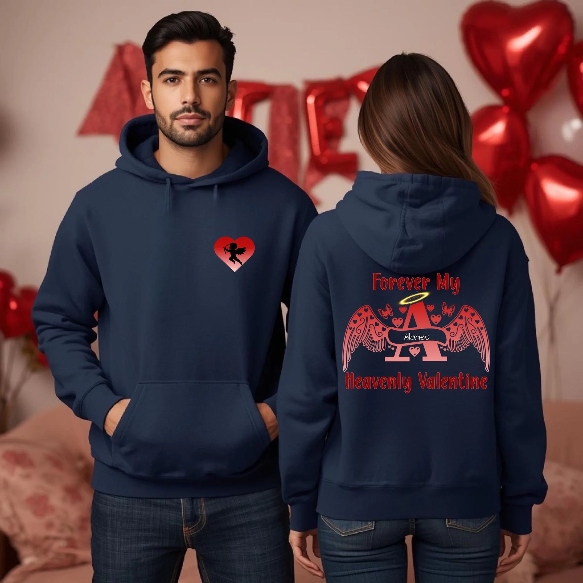 Premium two-tone Valentine hoodie set showing front pocket Cupid and back angel letter personalized memorial design on couple