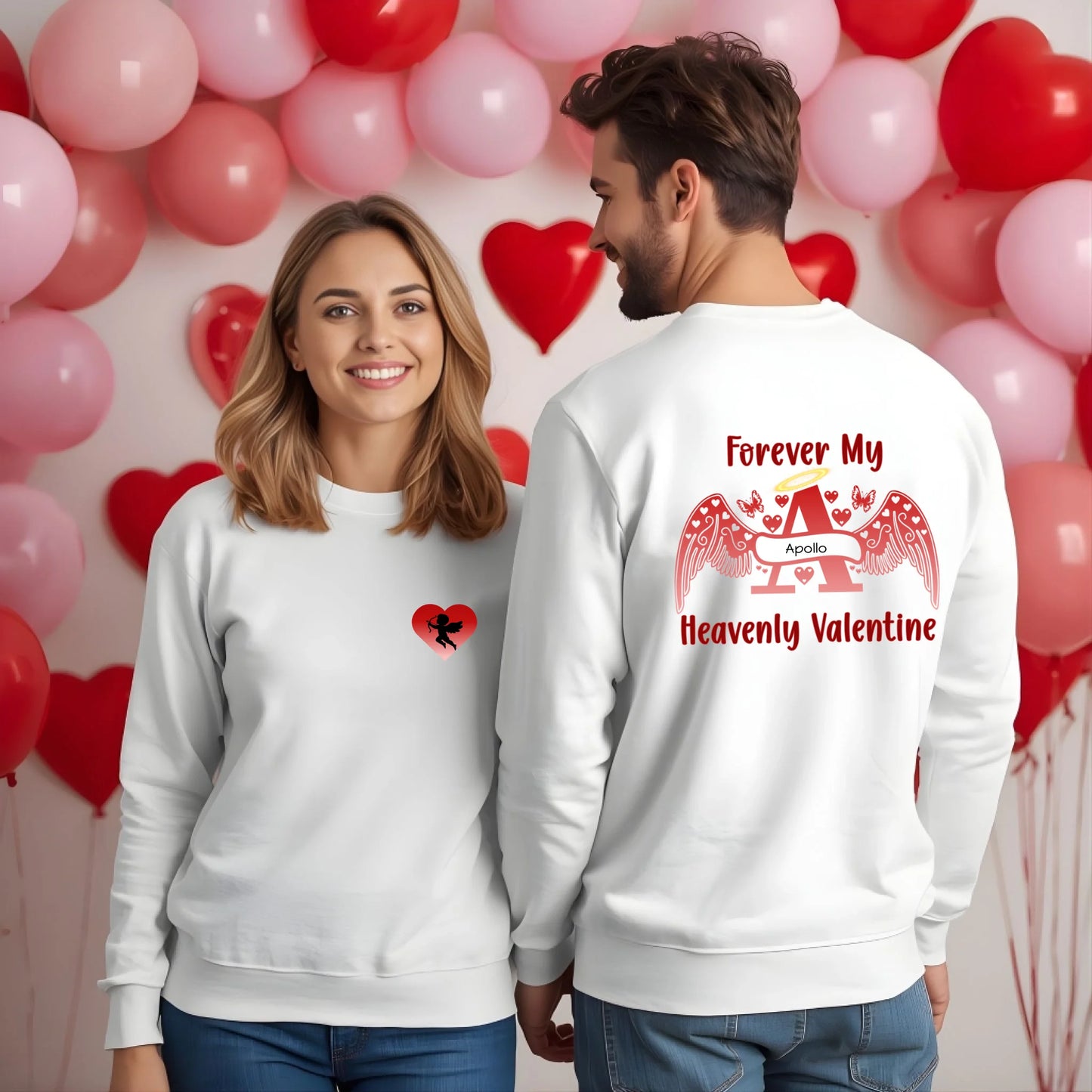 Premium two-tone personalized Valentine sweatshirt featuring front pocket Cupid heart and back angel letter memorial design on couple model