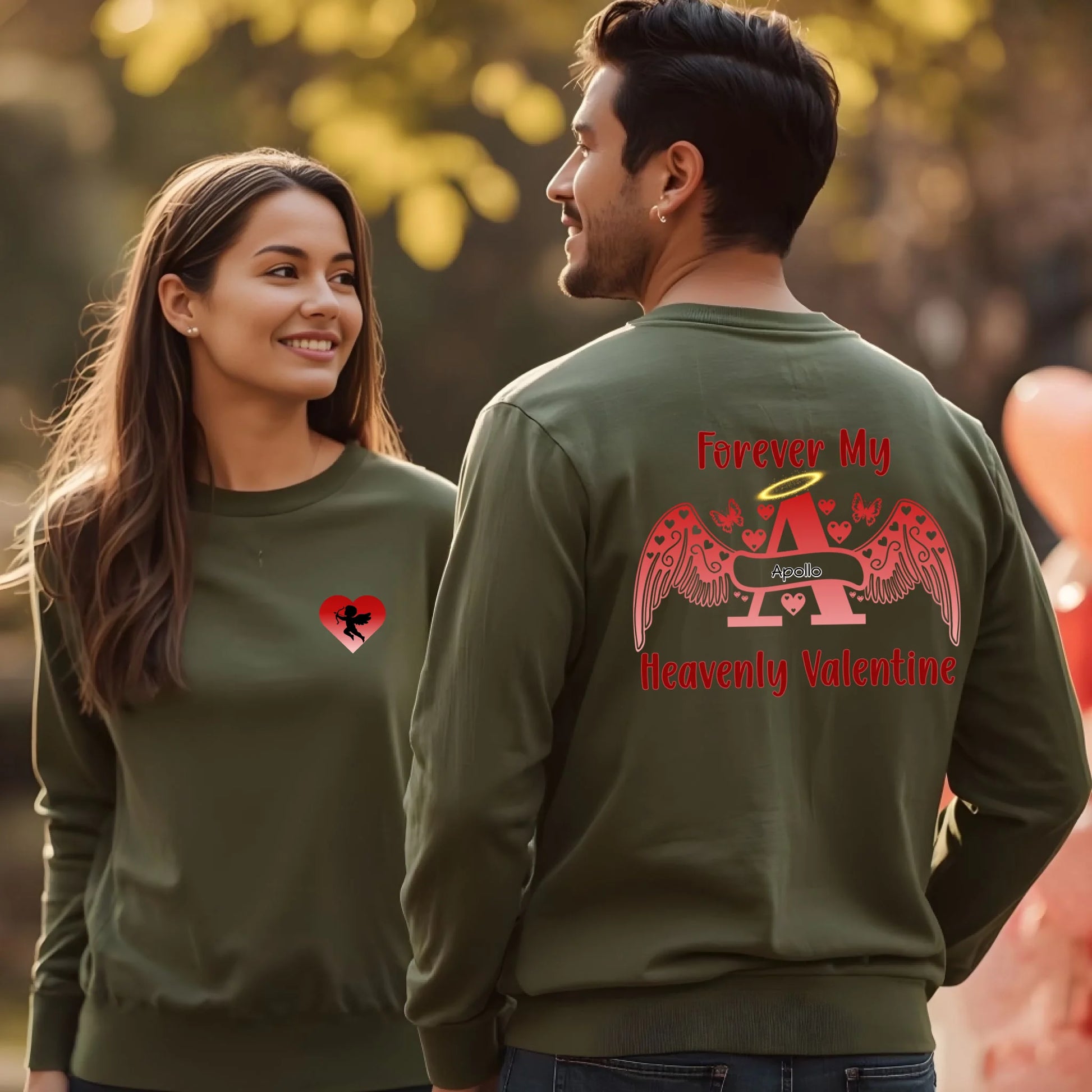 Two-tone premium personalized sweatshirt with Cupid heart front pocket and angel letter memorial back design in green colorway