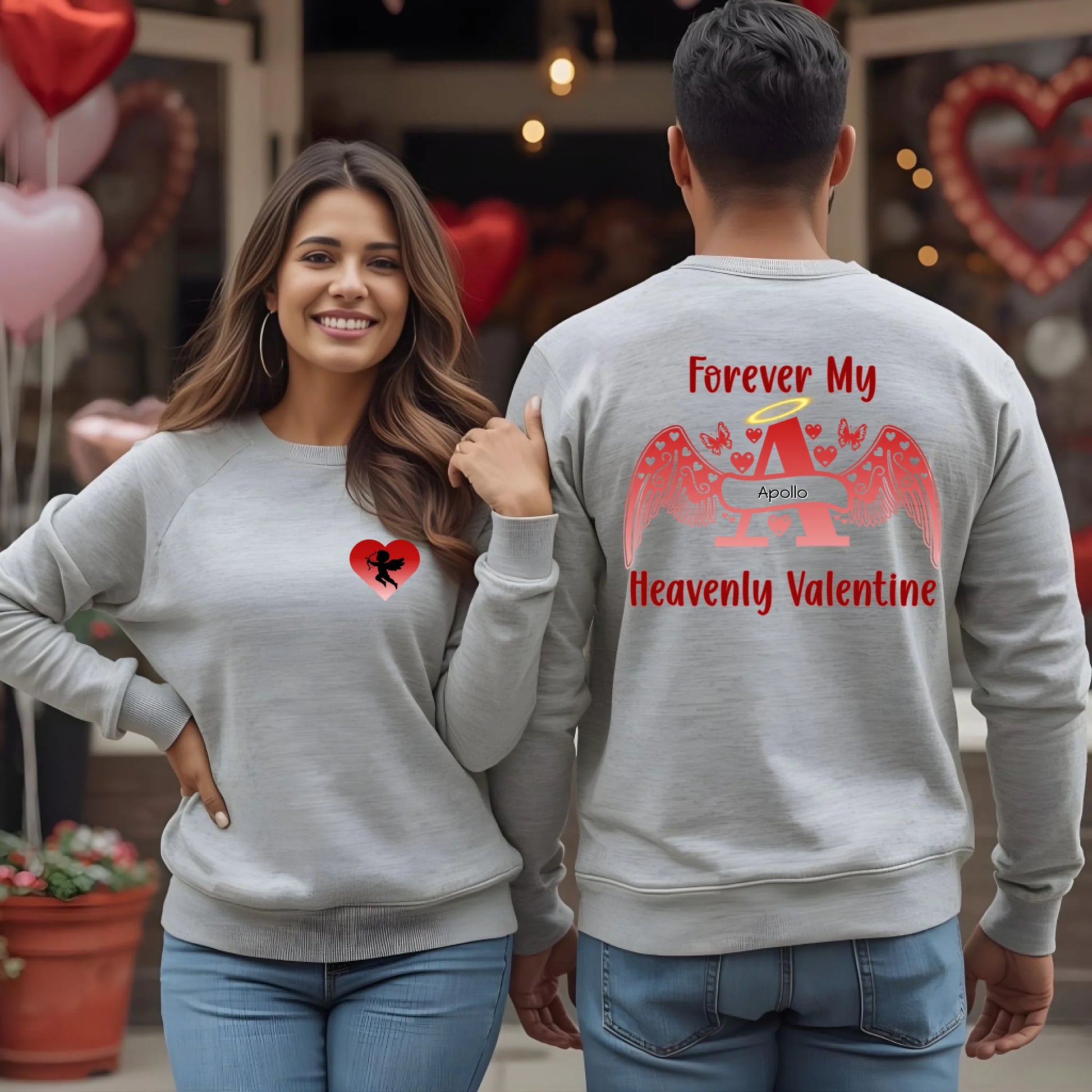 Premium two-tone memorial Valentine sweatshirt showing Cupid front pocket and personalized angel letter back design in grey