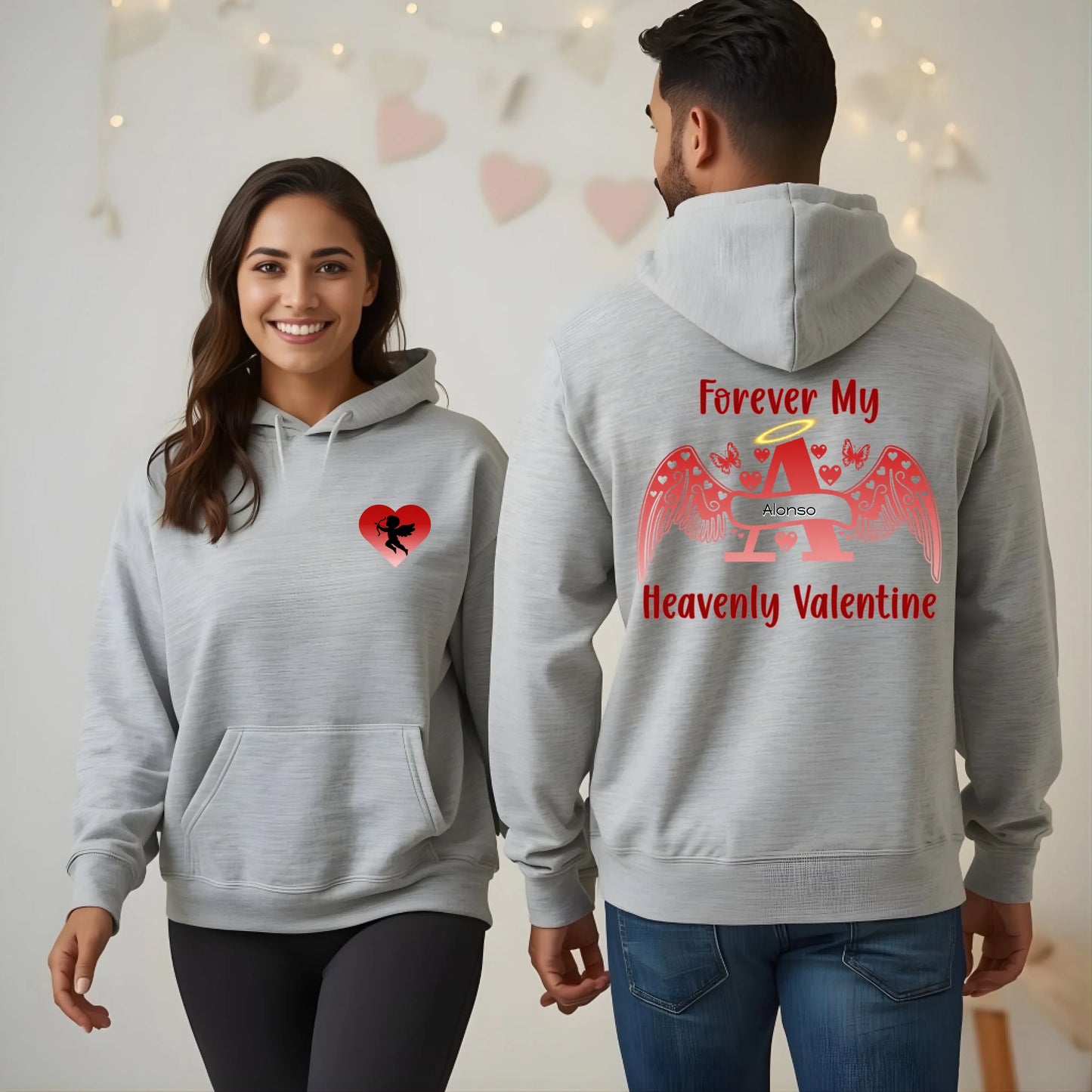 Premium two-tone memorial Valentine hoodie with front pocket Cupid heart and personalized angel letter back design