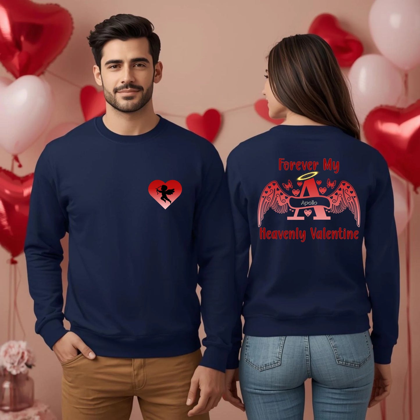 Premium two-tone navy sweatshirt featuring Cupid front pocket Valentine memorial personalization