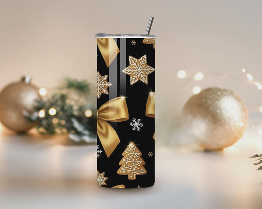 Elegant Gold Bow & Gingerbread Holiday Tumbler – 20oz Stainless Steel Christmas Cup with Lid & Straw