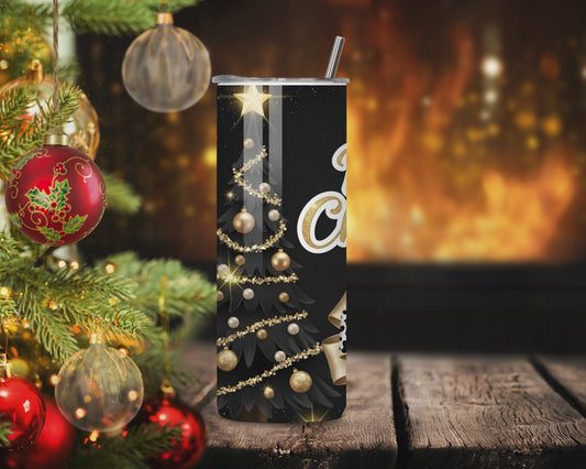 Black & Gold Merry Christmas Tumbler – Glam 20oz Stainless Steel Holiday Cup with Leopard Bow