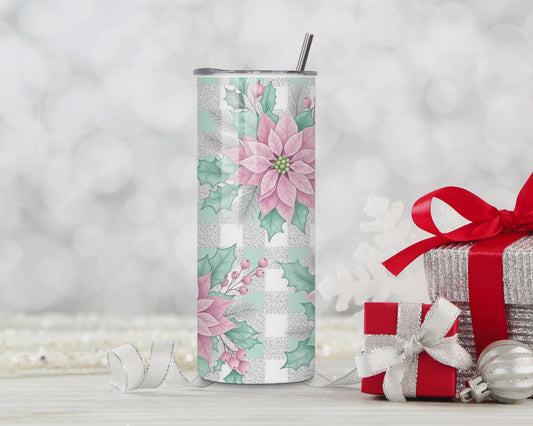 Pastel Pink Poinsettia Plaid Christmas Tumbler – 20oz Stainless Steel Holiday Cup with Lid & Straw