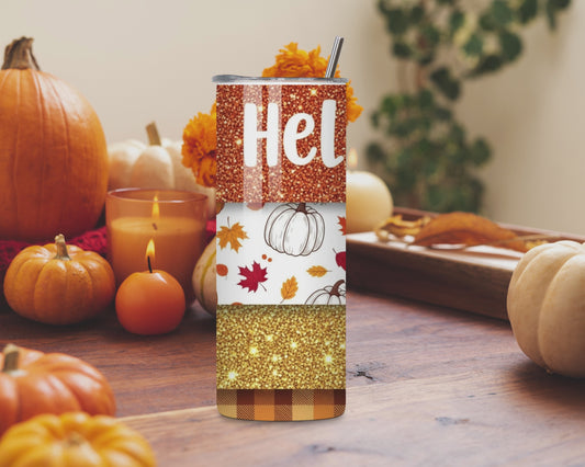 Hello Fall Pumpkin Glitter Tumbler – 20oz Stainless Steel Autumn Cup with Lid & Straw