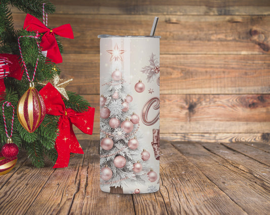 Blush Pink Merry Christmas Tumbler – Glam 20oz Stainless Steel Holiday Cup with Lid & Straw