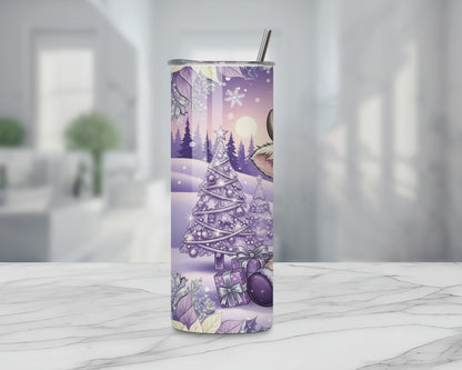 Purple Christmas Highland Cow Tumbler – 20oz Stainless Steel Winter Holiday Cup with Lid & Straw