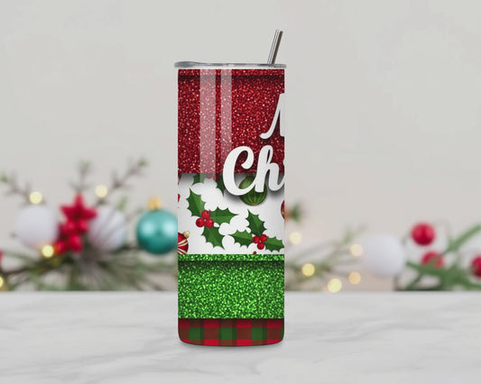 Merry Christmas Red & Green Glitter Tumbler – 20oz Stainless Steel Holiday Cup with Lid & Straw