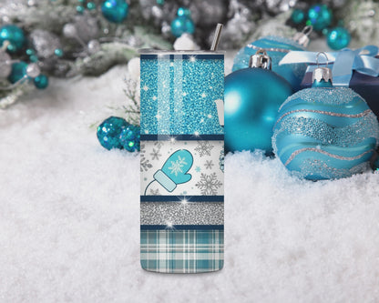 Hello Winter Blue Glitter Tumbler – 20oz Stainless Steel Cozy Seasonal Cup with Lid & Straw