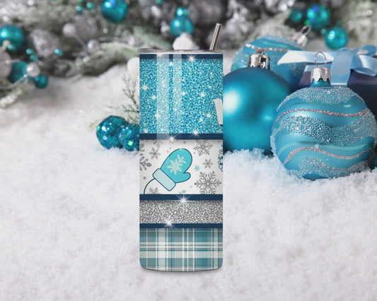 Hello Winter Blue Glitter Tumbler – 20oz Stainless Steel Cozy Seasonal Cup with Lid & Straw