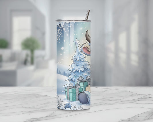 Winter Wonderland Highland Cow Tumbler – 20oz Stainless Steel Christmas Cup with Lid & Straw