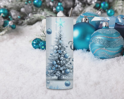 Blue Merry Christmas Tumbler – Elegant 20oz Stainless Steel Holiday Cup with Lid & Straw