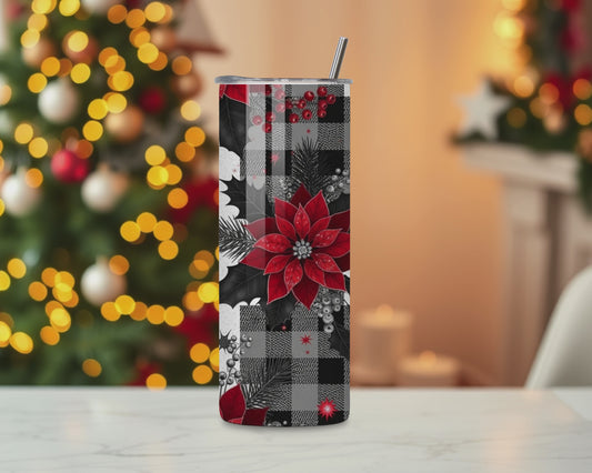 Poinsettia Plaid Christmas Tumbler – 20oz Stainless Steel Holiday Cup with Lid & Straw