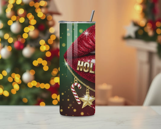 Holiday Vibes Red Lips Christmas Tumbler – 20oz Stainless Steel Holiday Cup with Lid & Straw
