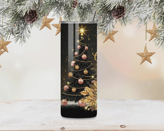 Black, Rose Gold & Gold Merry Christmas Tumbler – Glam Leopard Bow 20oz Stainless Steel Holiday Cup