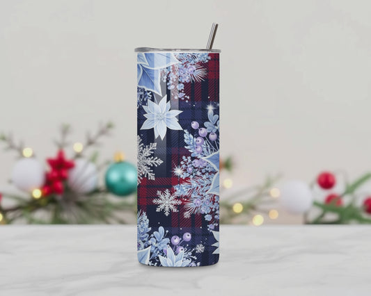 Blue Poinsettia & Red Plaid Christmas Tumbler – 20oz Stainless Steel Holiday Cup with Lid & Straw