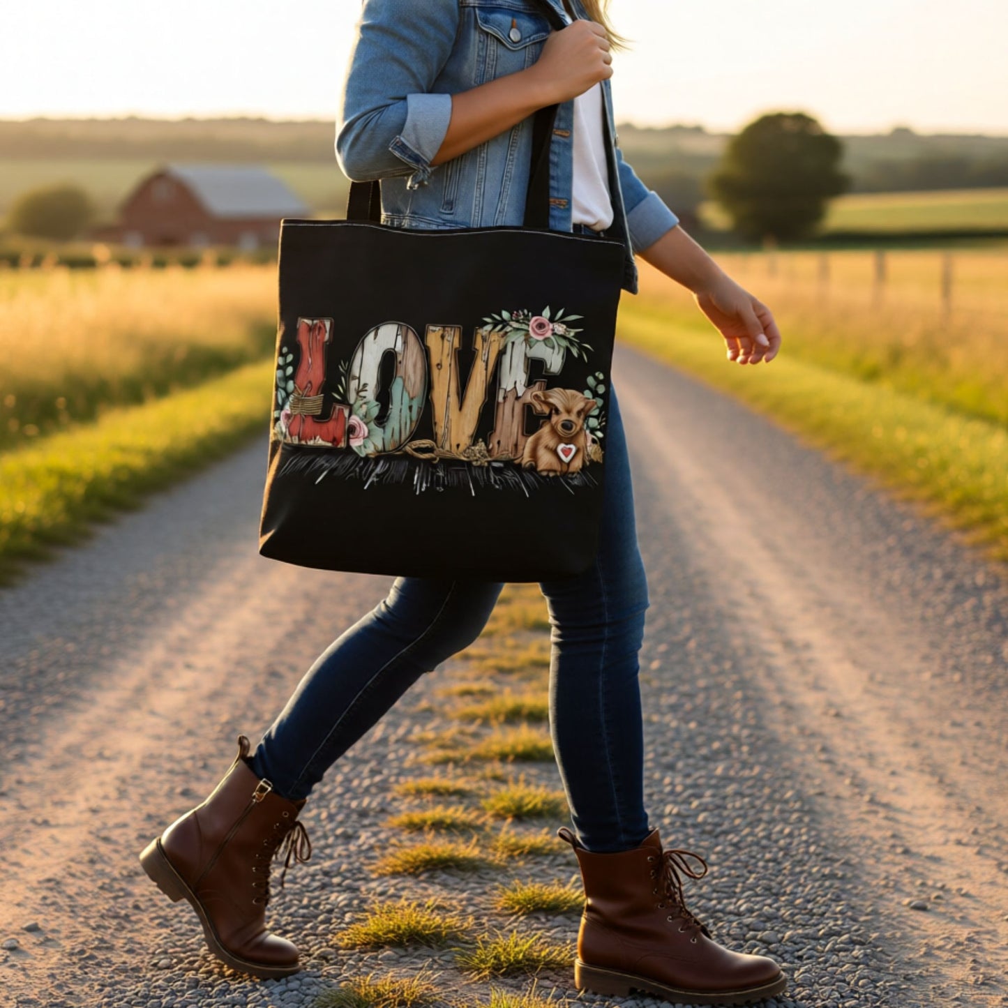 Woman carrying a black tote bag with a rustic LOVE highland cow design while walking on a country dirt road at sunset.