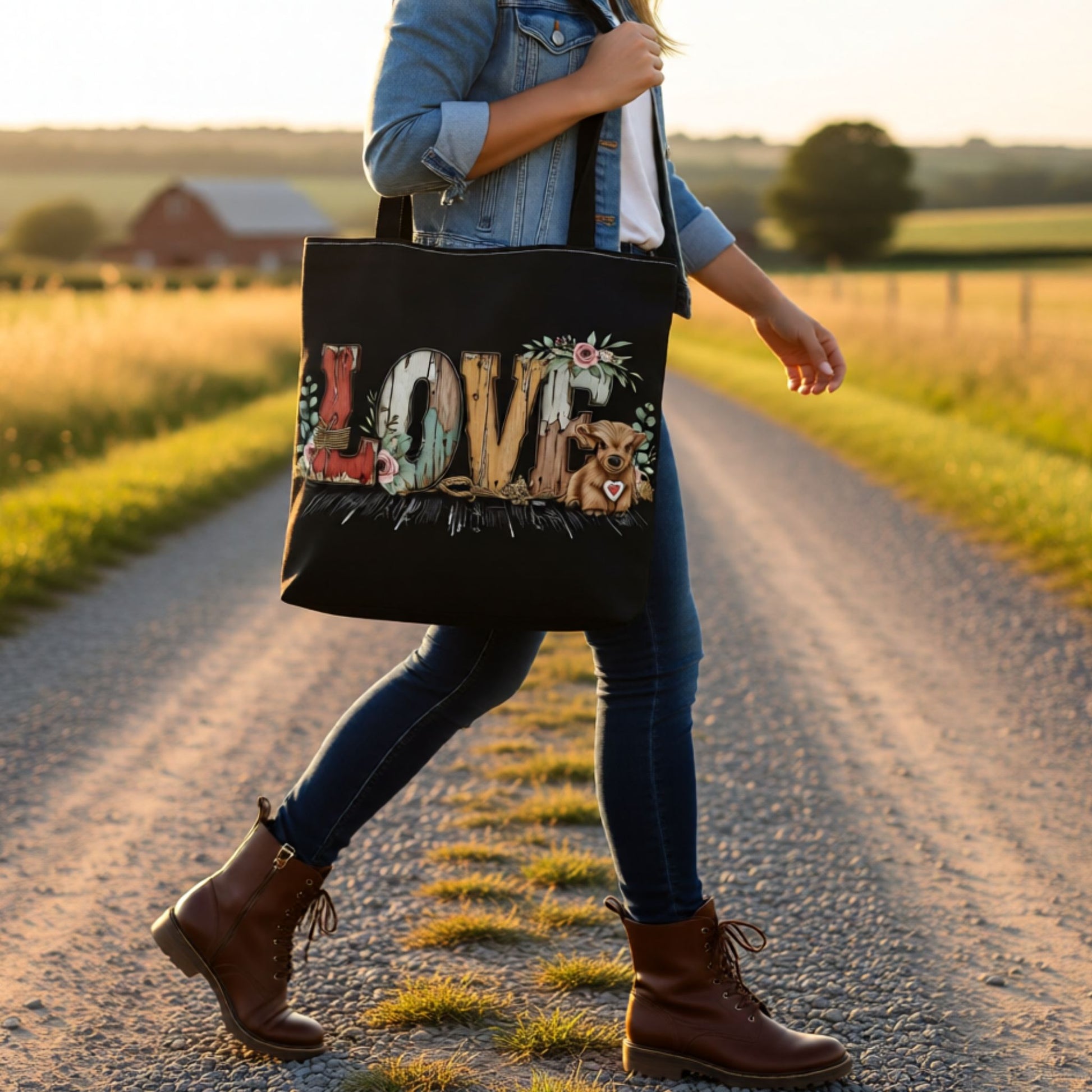 Woman carrying a black tote bag with a rustic LOVE highland cow design while walking on a country dirt road at sunset.