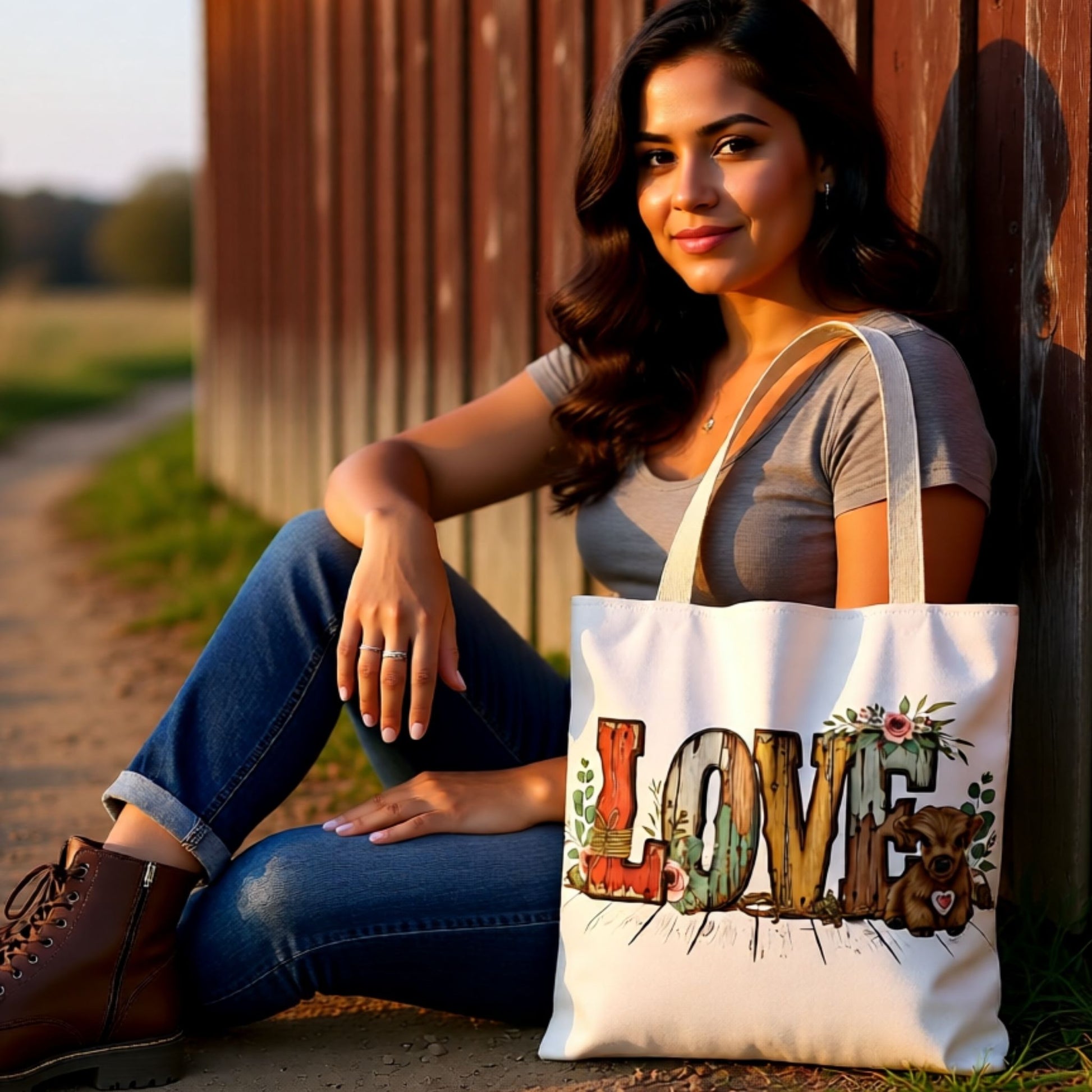 Woman holding a tote bag with 'LOVE' design outdoors