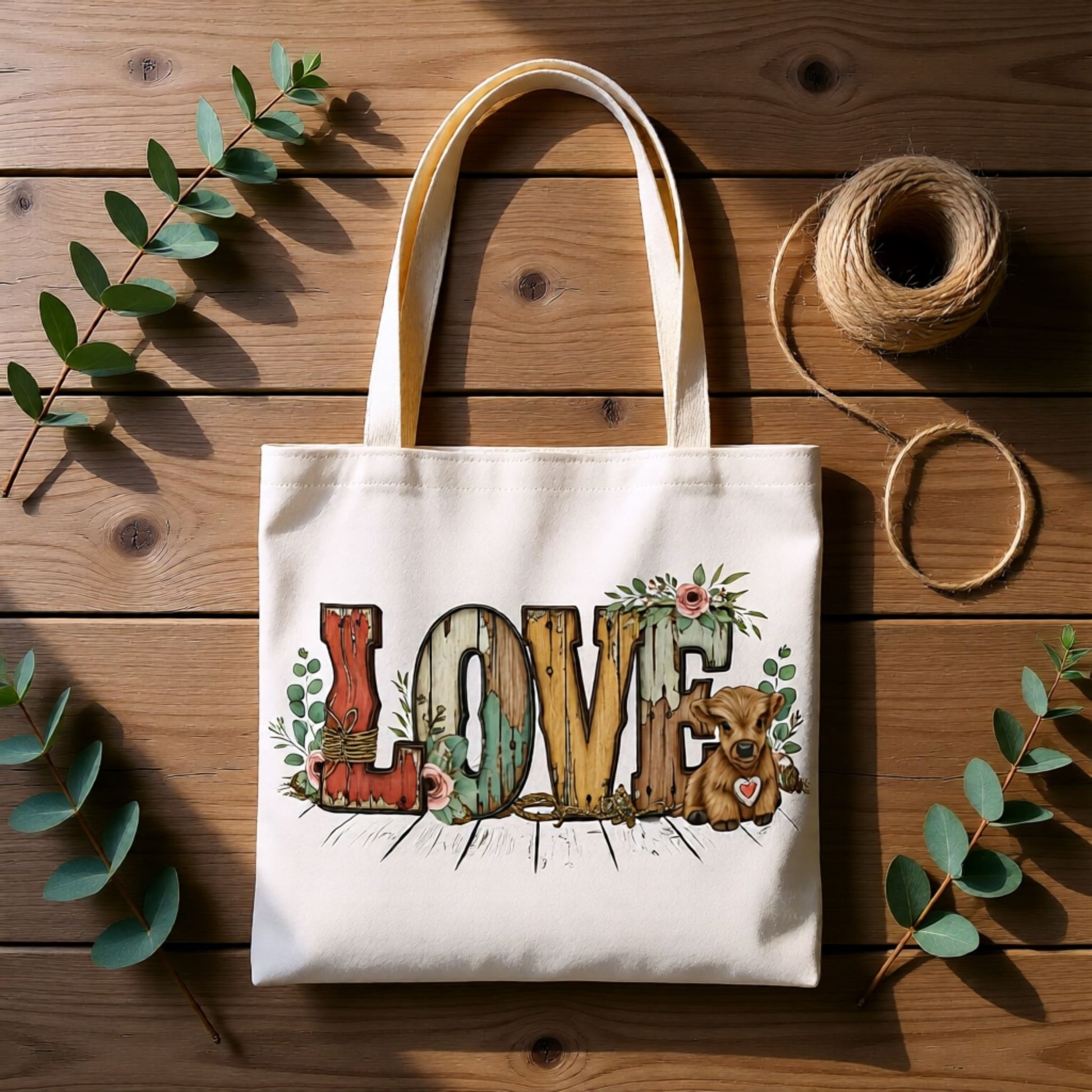 Tote bag with 'LOVE' design on a wooden surface with leaves and twine.