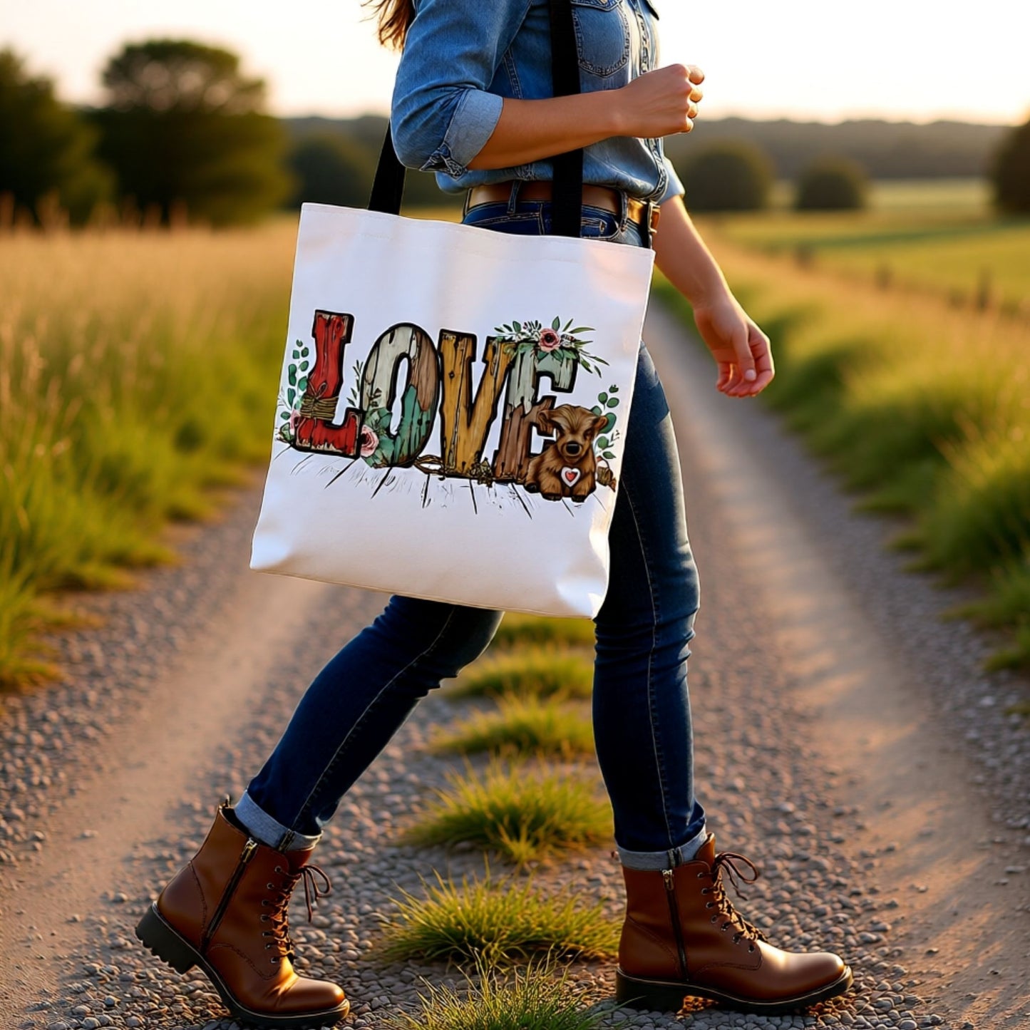 Close-up of a white LOVE tote bag swinging beside a woman walking down a country path in boots and jeans.