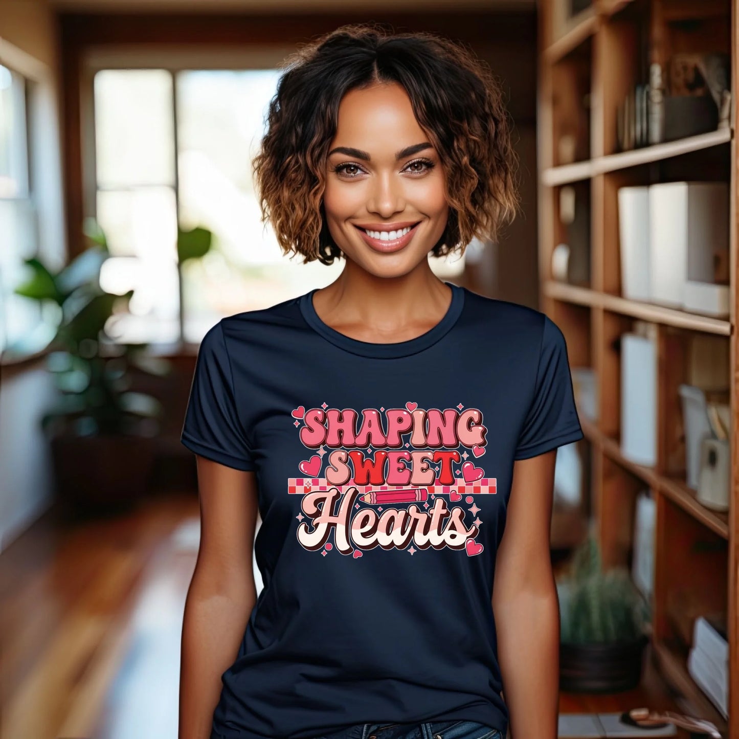 Teacher wearing a navy “Shaping Sweet Hearts” Valentine shirt inside a cozy classroom, smiling, holding books. Cute February teacher tee.
