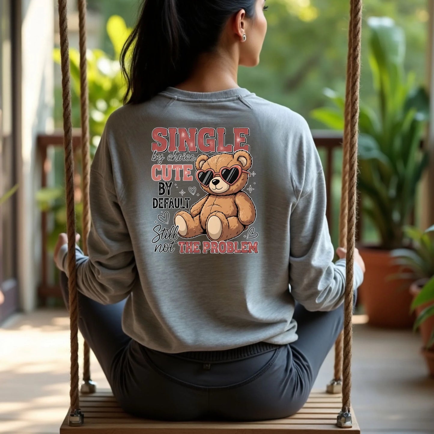 Person wearing a sweatshirt with a teddy bear graphic and text, sitting on a swing.