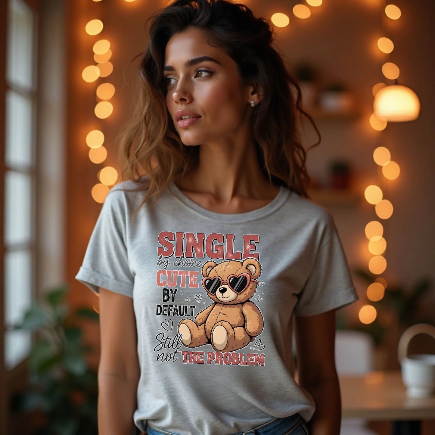 Woman wearing a t-shirt with a teddy bear graphic and text in a cozy indoor setting with string lights.