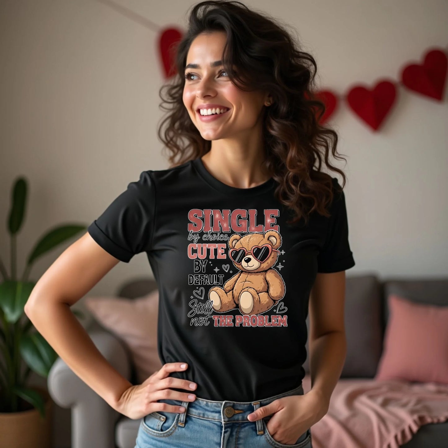 Woman wearing a black t-shirt with a teddy bear graphic and text in a living room setting.