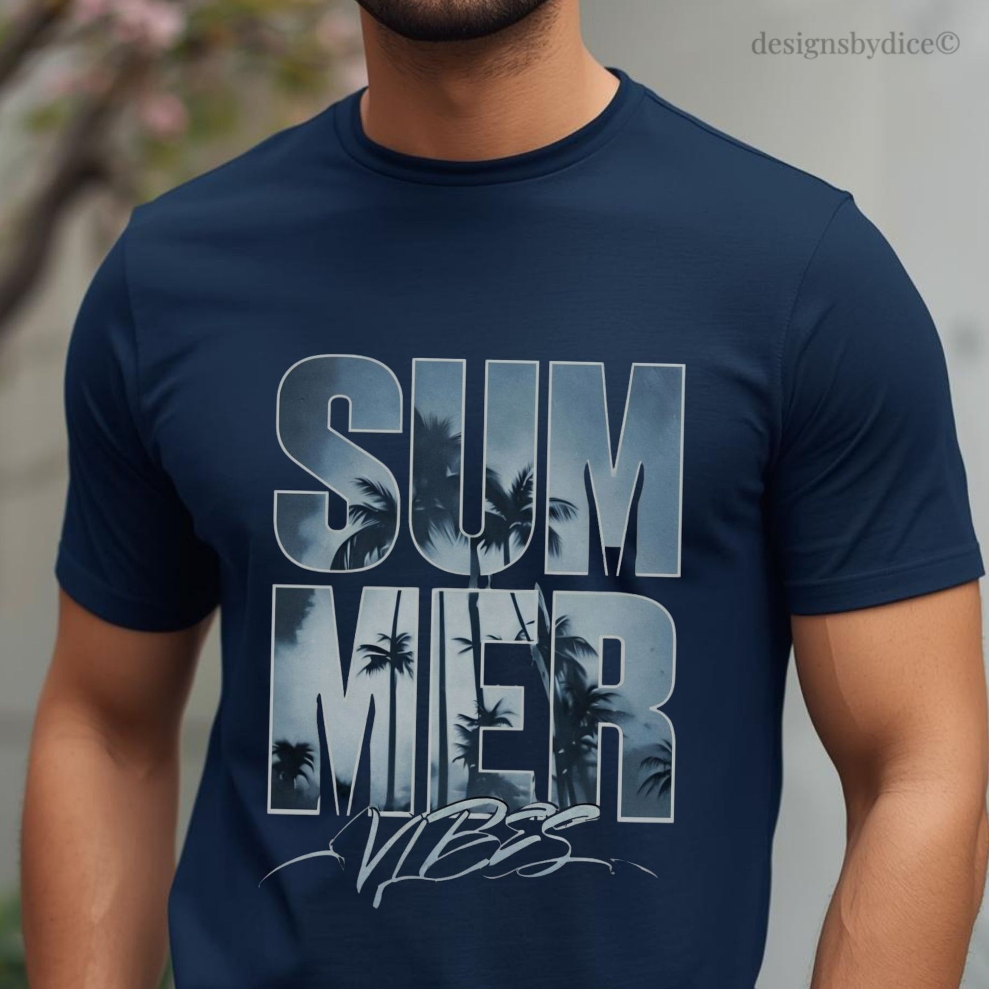 Navy blue t-shirt with 'Summer Vibes' graphic design featuring palm trees.