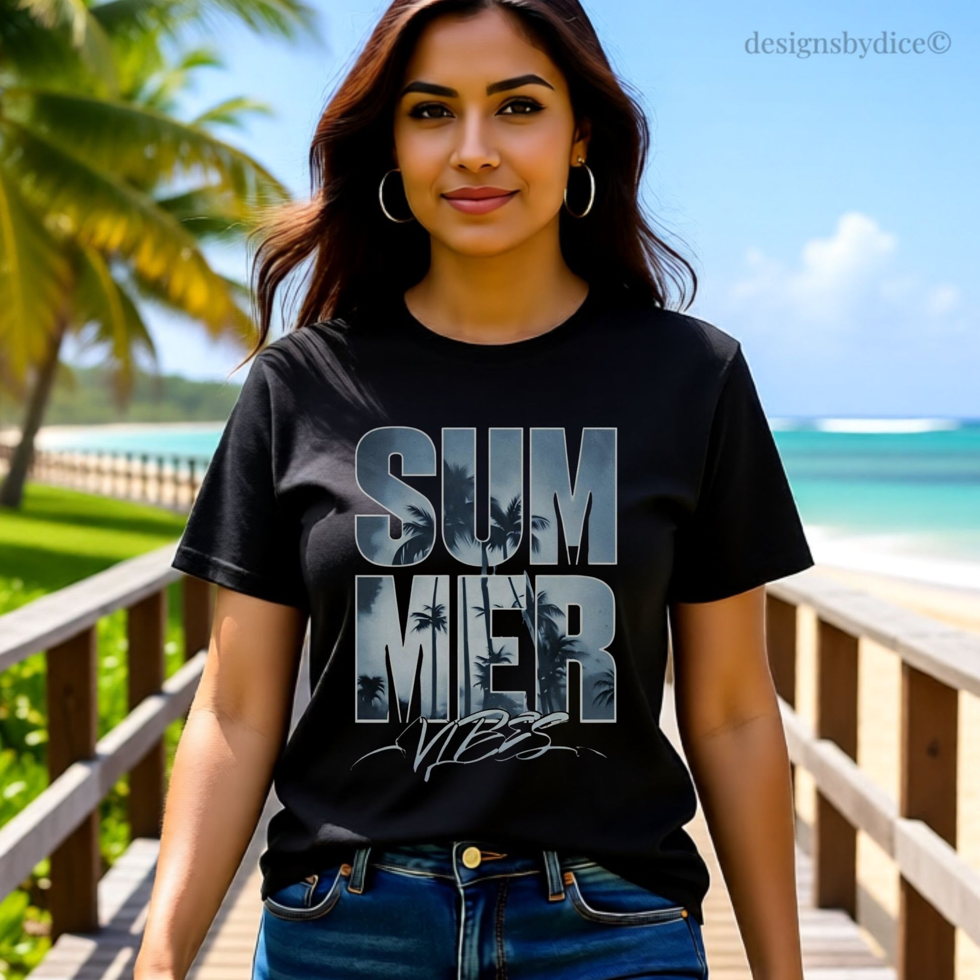 Woman wearing a black t-shirt with 'Summer Vibes' text at a beach.