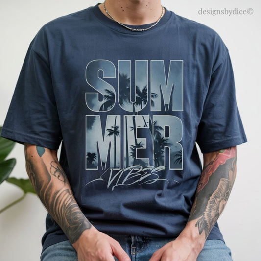 midnight blue t-shirt with 'Summer Vibes' graphic design featuring palm trees.