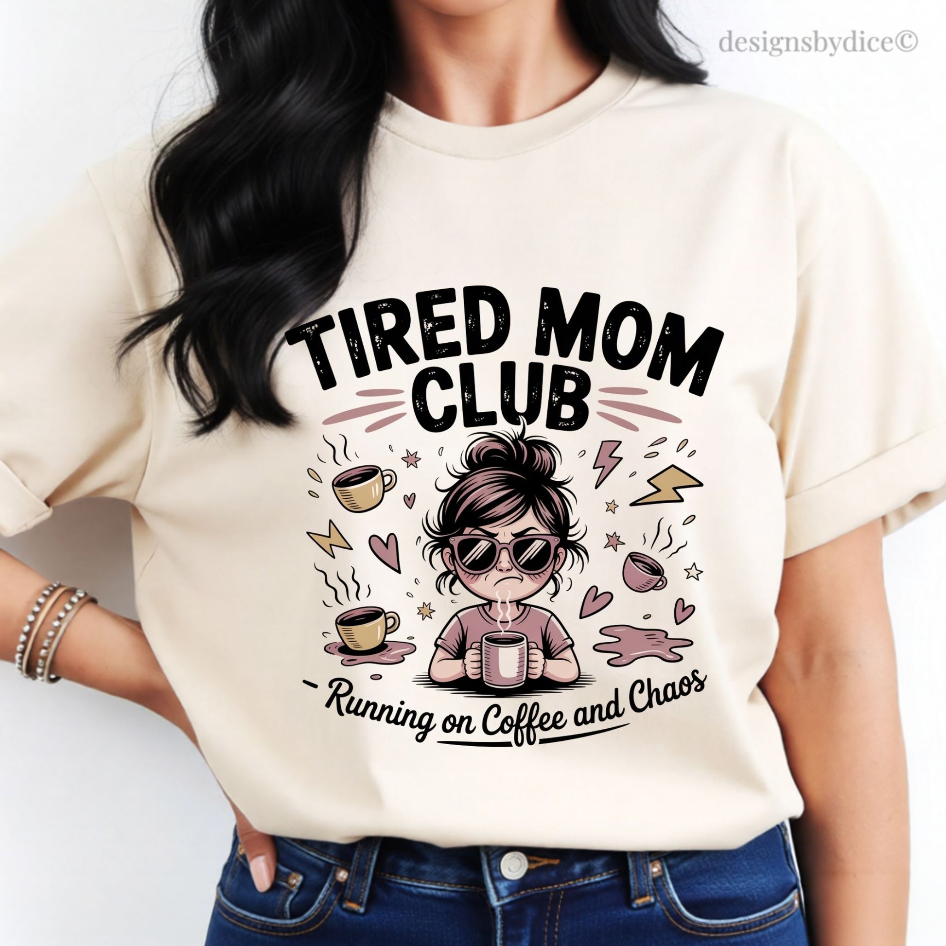 T-shirt with 'TIRED MOM CLUB' design featuring a cartoon mom and coffee cups.