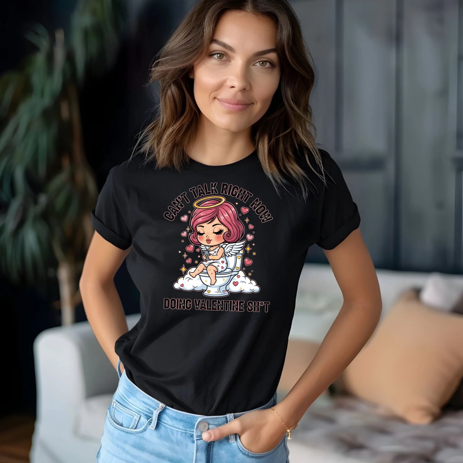 Funny Valentine t-shirt featuring a playful toilet cupid design with sarcastic text, styled in a casual real-life setting.