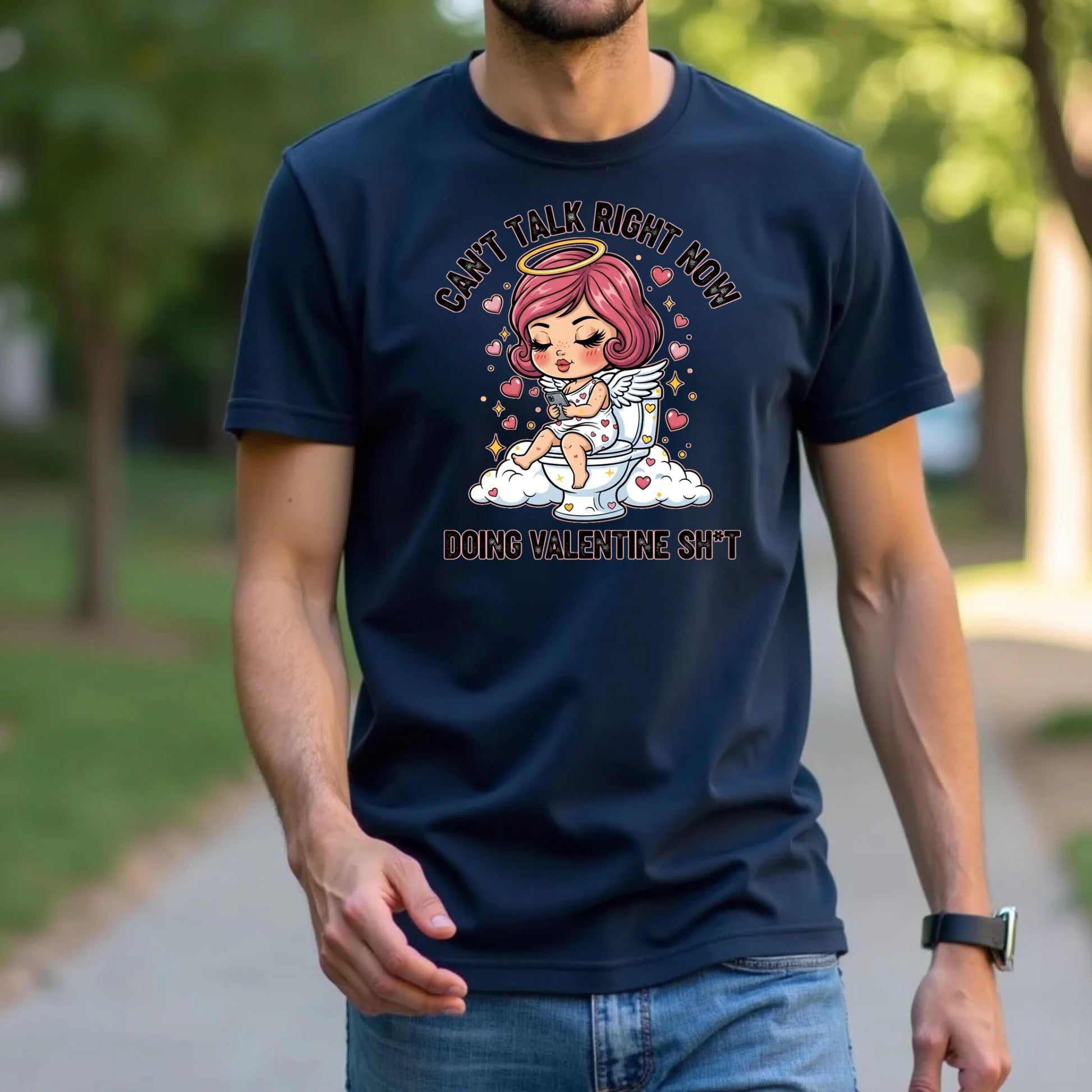 Person wearing Funny Valentine navy blue t-shirt with a graphic design and text outdoors.