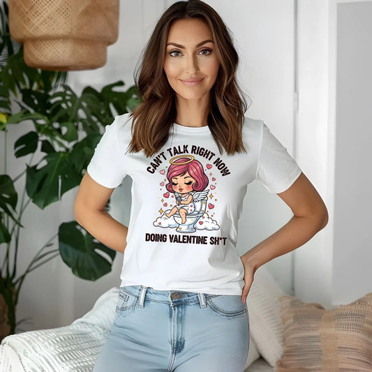 Funny Valentine t-shirt featuring a playful toilet cupid design with sarcastic text, styled in a casual real-life setting.