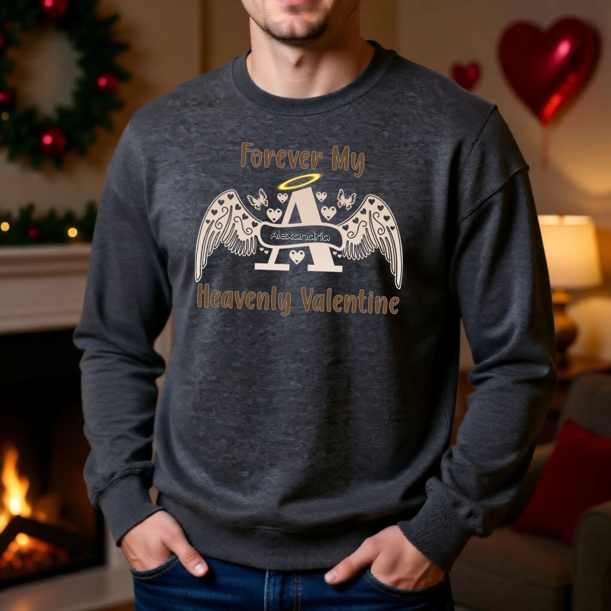 Dark heather angel letter sweatshirt with personalized name, heavenly Valentine remembrance gift