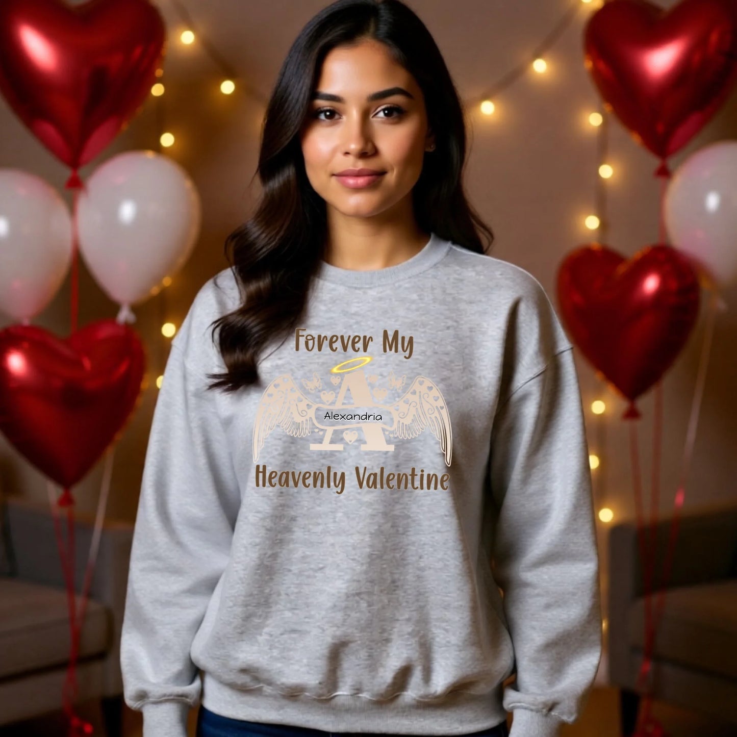 Two-tone personalized angel letter crewneck sweatshirt with wings and halo, heavenly Valentine memorial gift