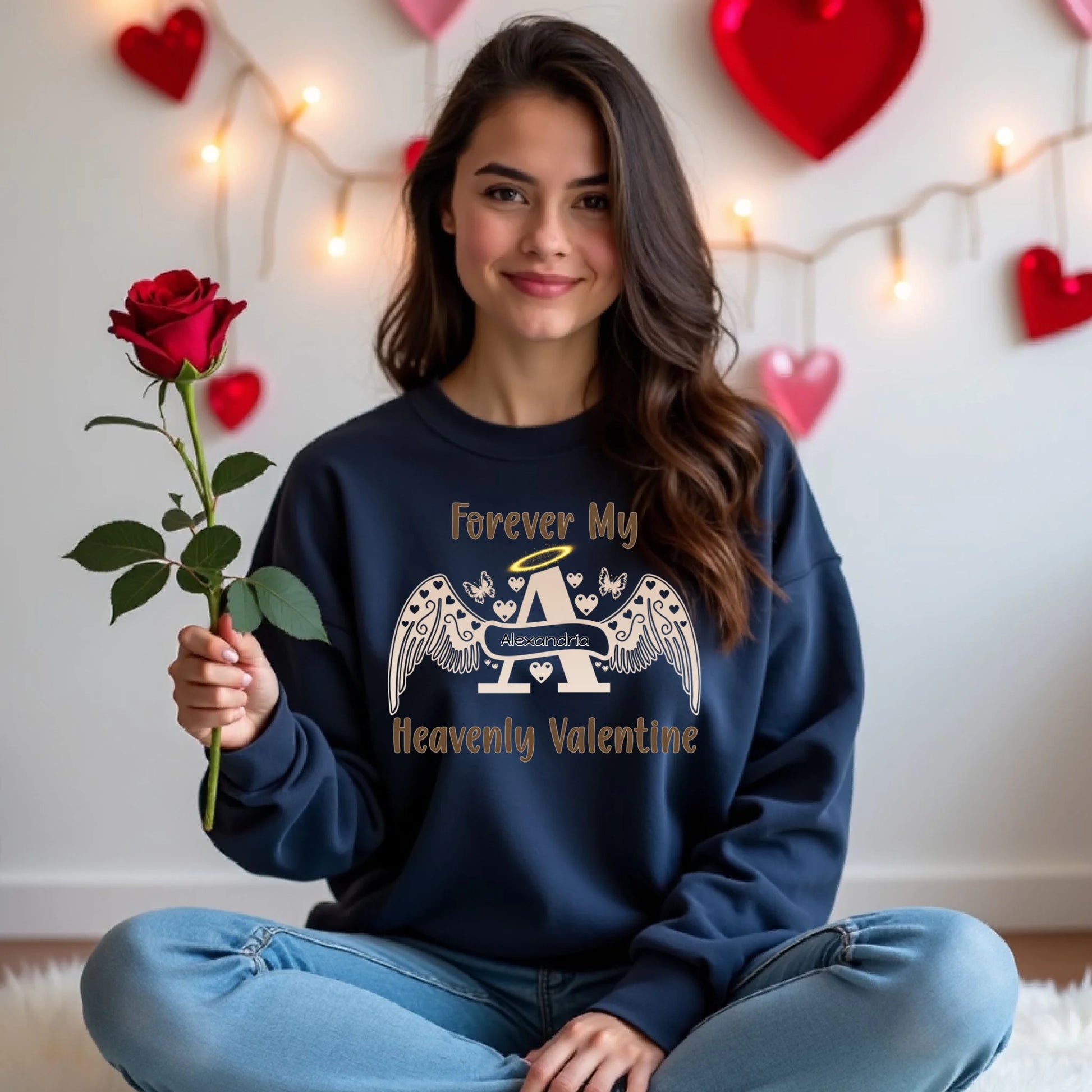 Navy angel letter crewneck sweatshirt with custom name, Valentine memorial remembrance apparel