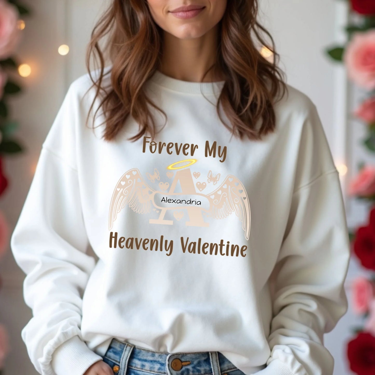 White personalized angel letter sweatshirt featuring halo and wings, heavenly Valentine remembrance gift
