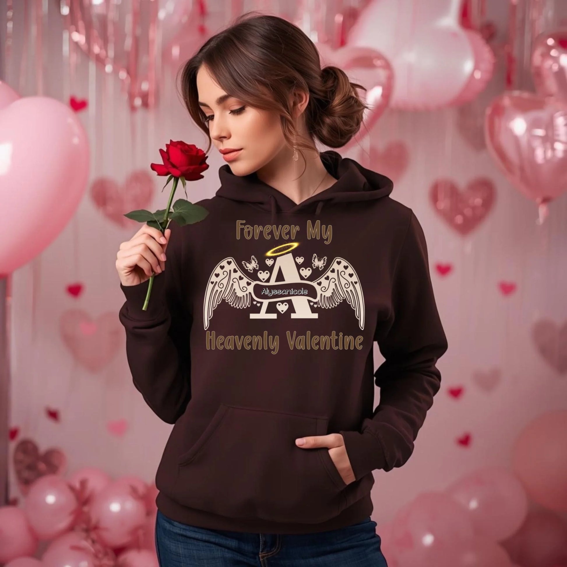 Brown personalized angel letter hoodie featuring halo and wings, memorial Valentine gift